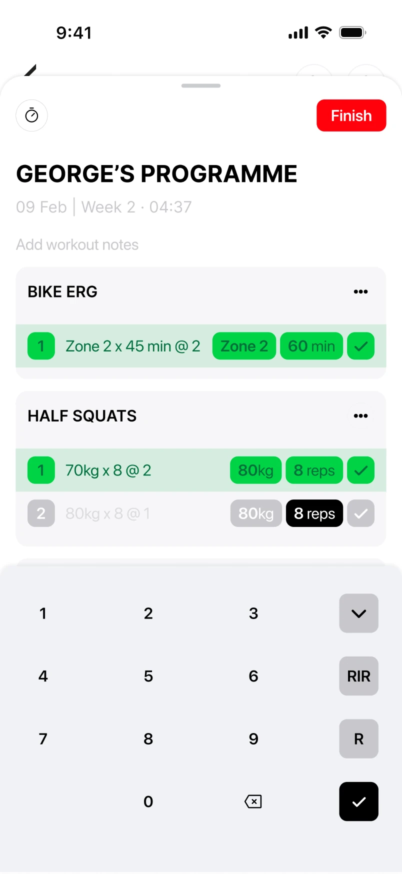 247 workout logging screen