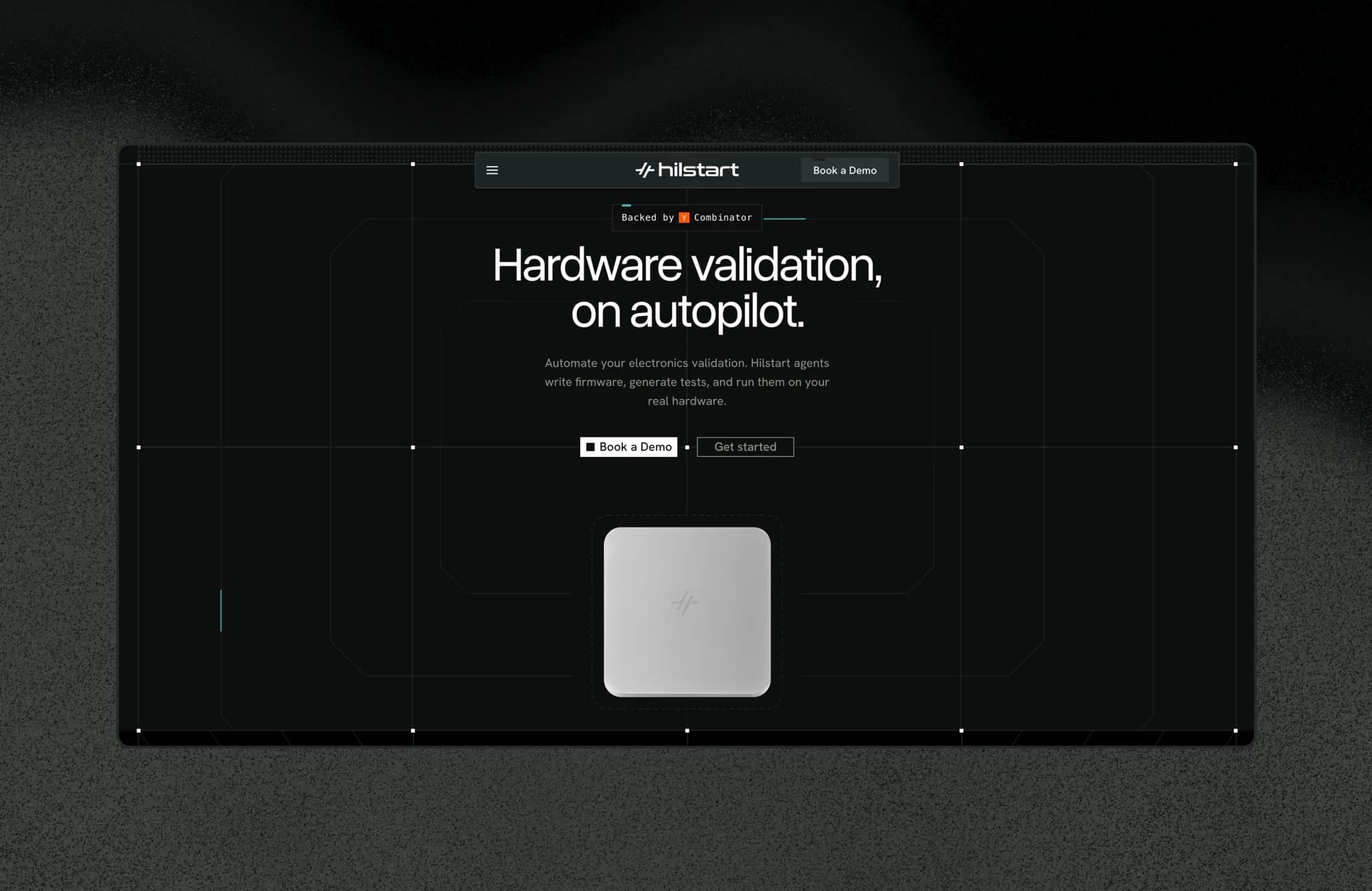 The shipped Hilstart fold in a browser frame on the grain canvas — 'Hardware validation, on autopilot.' with Tracer beneath