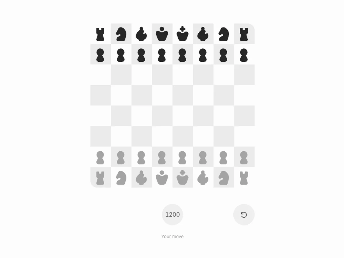 A chess board set up for a new game, with a rating and an undo button
