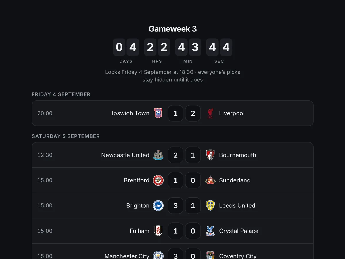 The Gameweek 3 fixture list in PL Predictions, with a countdown to lock-in