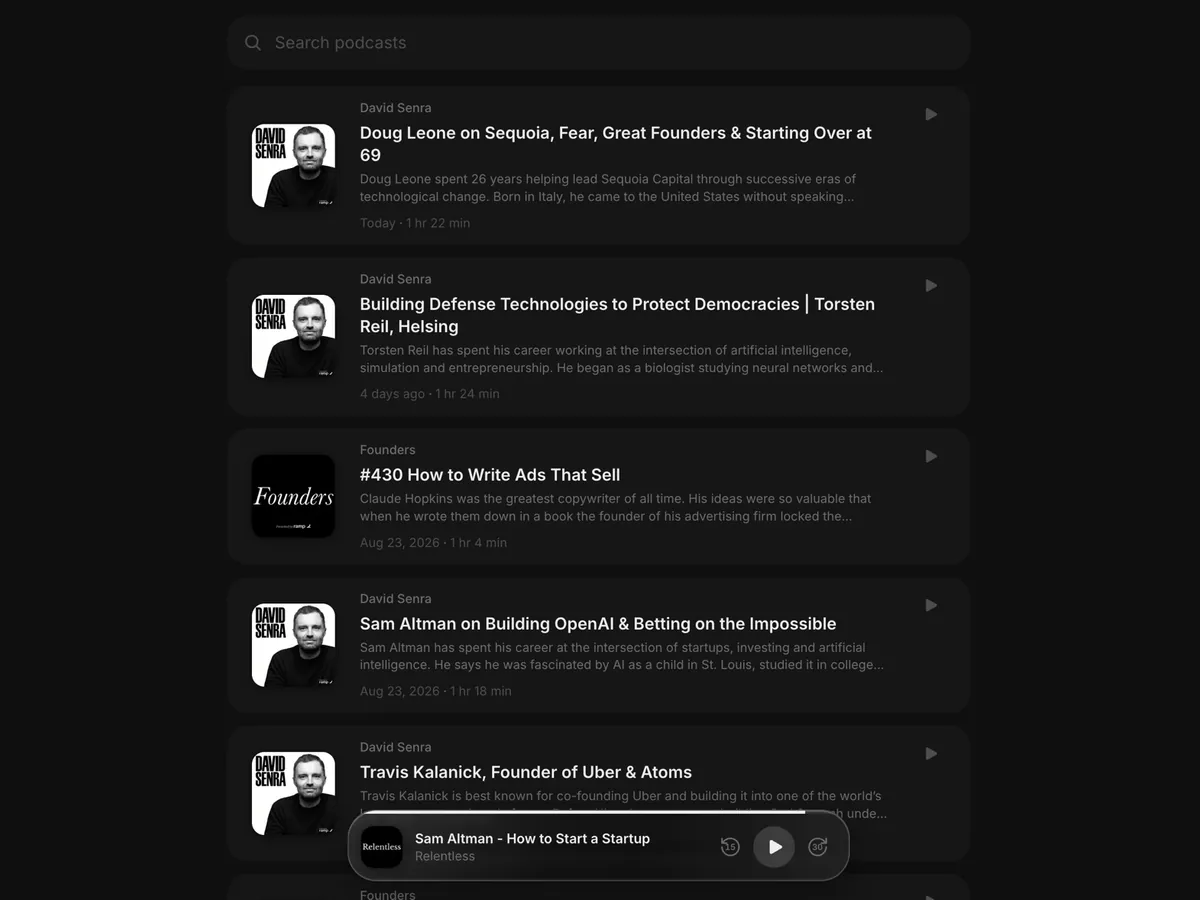 A list of podcast episodes in Pods, with the player docked at the bottom