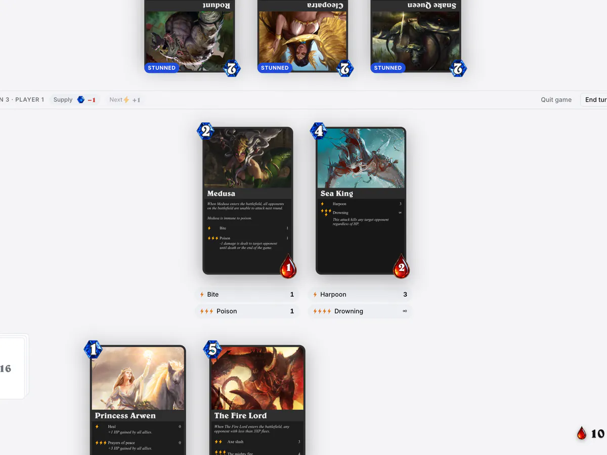 The RPG Card Game battlefield, with creature cards in play