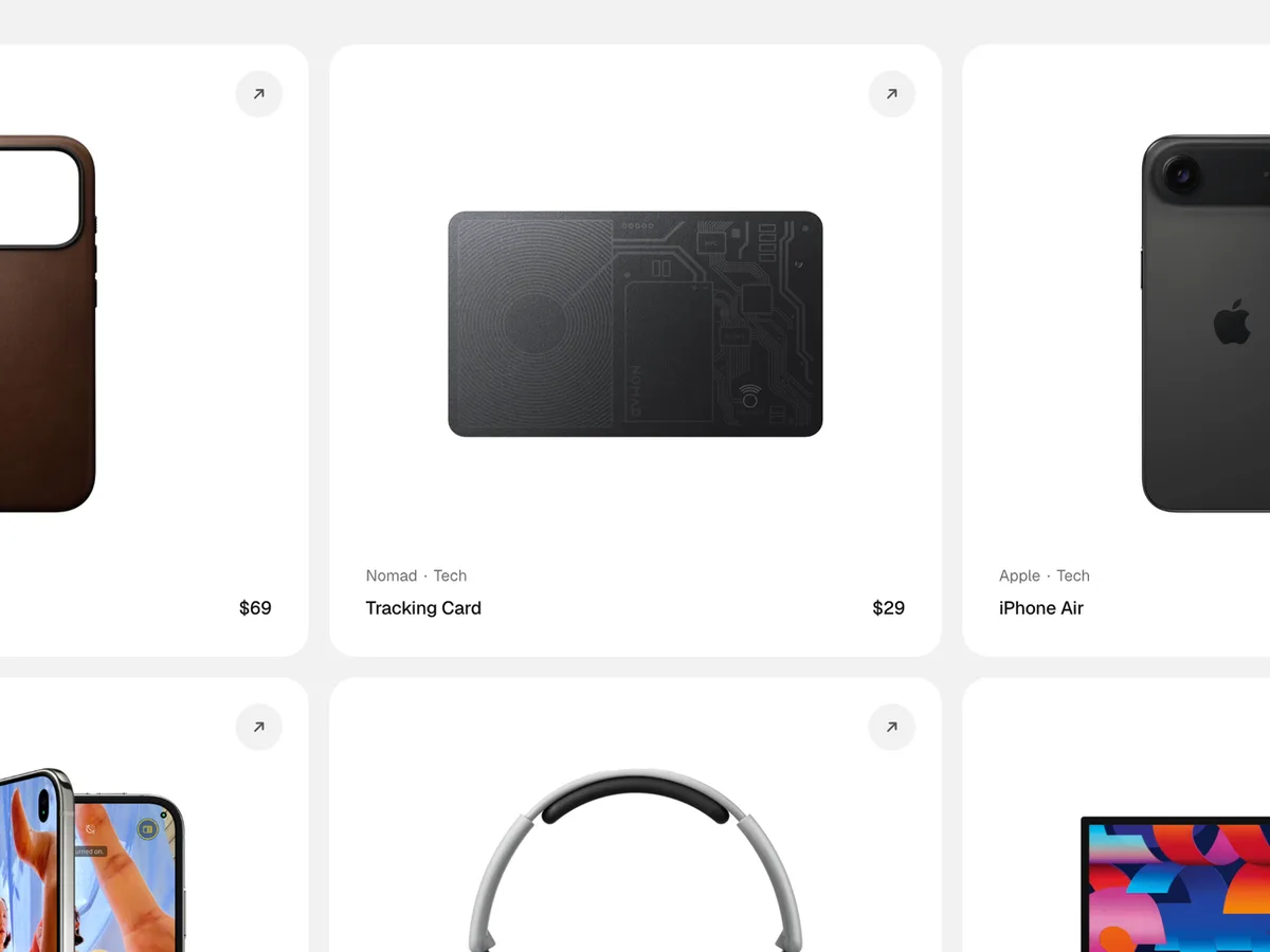 A grid of product cards in Stuff — a leather phone case, a tracking card and an iPhone, each with maker and price