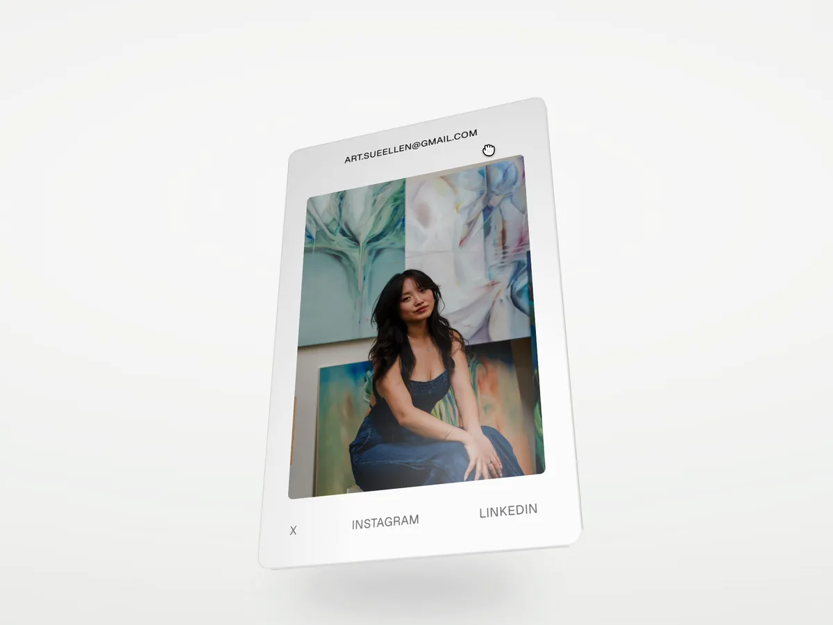 Sue Ellen Zhang's holographic artist card tilting in space, portrait side up