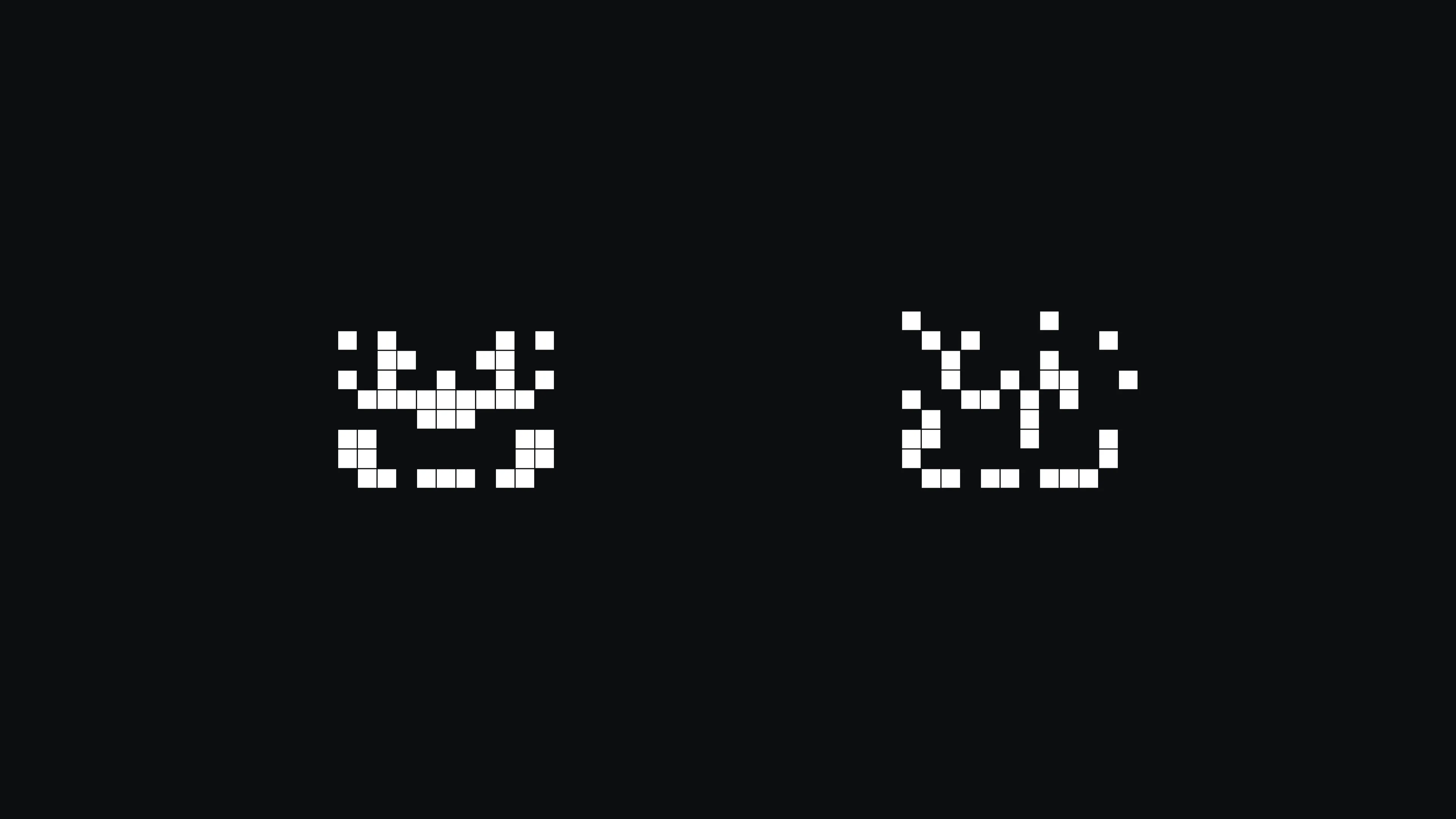 Two clusters of white square pixels on a near-black field, dithered like a noise weave