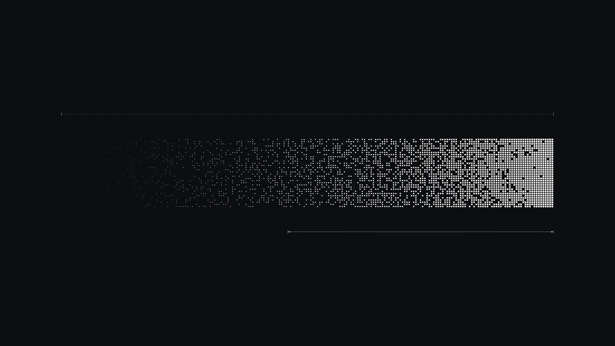 A field of small white squares on black, sparse at the left and packing to a solid grid at the right